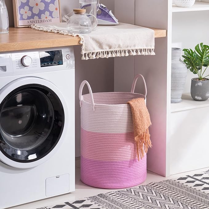 Woven Rope Laundry Hamper Basket, 58L Tall Luandry Basket, Baby Nursery Hamper for Blanket Storage, Clothes Hamper for Laundry in Bedroom-Large-Pink