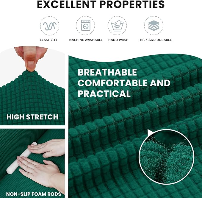 LURKA Stretch Sofa Slipcovers 1 Piece Couch Covers for 3 Cushion Couch Sofa Furniture Protector Full Sofa Covers with Elastic Bottom for Kids and Dog (Dark Green, Large)