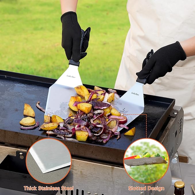 onlyfire 3PCS Stainless Steel BBQ Griddle Tools, Multifunctional Grill Utensil Set Including 2 Wide Spatulas, 1 Chopper/Scraper for Blackstone and Camp Chef