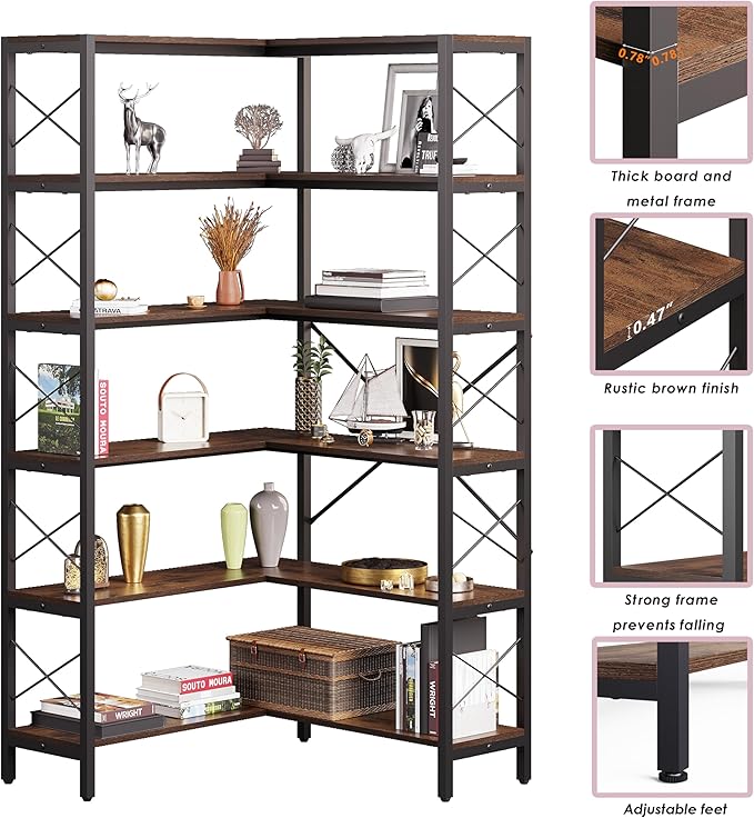 Corner Bookshelf 6-Tier, Tall Book Shelf L-Shaped, Large Etagere Bookcase Industrial Style with Metal Frame for Home Office Shelves