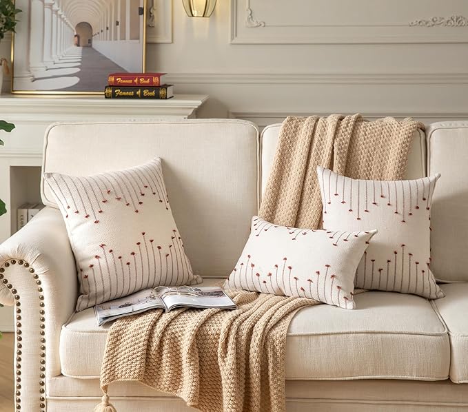 Caflife Boho Throw Pillow Covers 22x22 Set of 2 Decorative Pillows for Bed, Neutral Pillow Covers Beige with Rust Line Throw Pillows for Modern Farmhouse Couch Sofa Living Room Outdoor