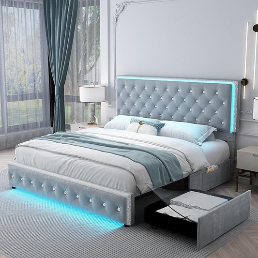 Full Led Bed Frame with 2 Drawers, Upholstered Platform Storage Bed Frames Full Size with Crystal Button Tufted Headboard Footboard, Solid Slats, Noise Free, No Box Spring Needed, Velvet Grey