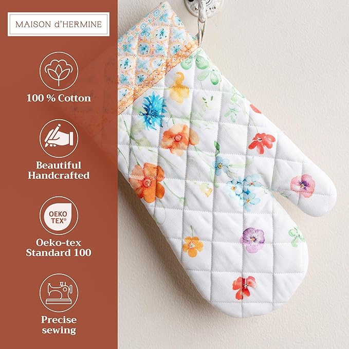 Maison d' Hermine Oven Gloves 100% Cotton Oven Mitt 7" x 13" with Loop Heat Resistant, BBQ, Cooking Gloves, Baking, Grilling, Kitchen, Handling Hot Pans Spring/Summer (Pack of 1, Summer Whisper)