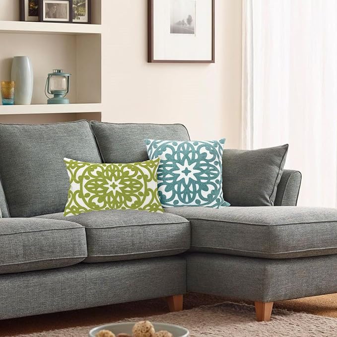 Alysheer Embroidered Lumbar Decorative Throw Pillow Cover 12 x 20 inches, Classic Mandala Chic Pattern Avocado Green Farmhouse Cushion Case for Sofa Couch Bed Living Room(Chartreuse Green)