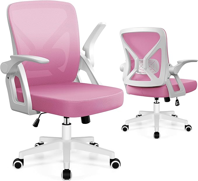 FelixKing Office Chair - Ergonomic Desk Chair Breathable Mesh Task Chair with Wheels and Lumbar Support Home Desk Office Chair with Flip up Armrest Rolling Swivel Computer Chair for Home Office Pink
