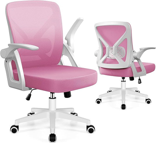 FelixKing Office Chair - Ergonomic Desk Chair Breathable Mesh Task Chair with Wheels and Lumbar Support Home Desk Office Chair with Flip up Armrest Rolling Swivel Computer Chair for Home Office Pink