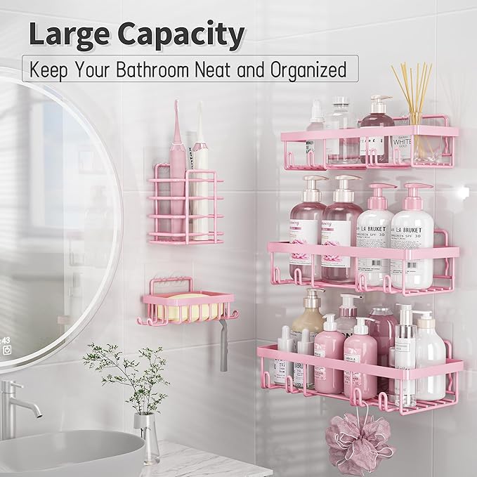 5 Pack Shower Caddy Organizer Rack Shelf for Inside Shower, Adhesive Bathroom Wall Storage Basket Rustproof Stainless Steel Shampoo Holder, Girly Bathroom Accessory Decor Set, Pink