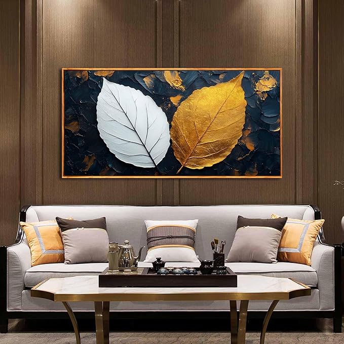 Leaves Wall Art for Living Room, Black White and Gold Canvas Wall Decor for Bedroom, Picture Print Artwork, Large Size 59 x 29 Inches Framed