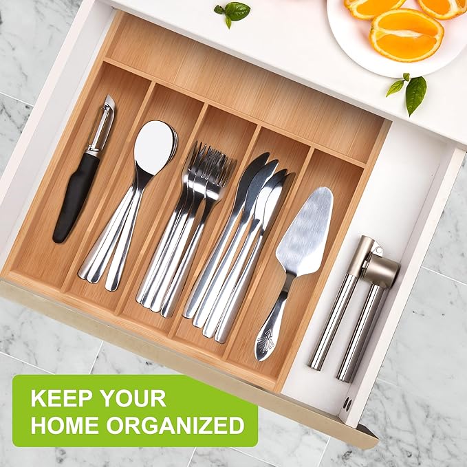 Bamboo Utensil Drawer Organizer, Silverware Tray Organizer, Kitchen Drawer Organizer for Flatware Cutlery, Silverware Tray for Drawer (brown, Large 16.5x12.3 Inch)