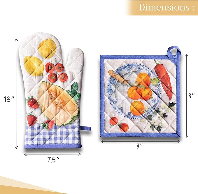 Maison d' Hermine 100% Cotton Oven Mitt & Pot Holder Set (7.5"x13" & 8"x8") Heat Resistant BBQ Cooking Gloves with Loop, Baking, Grilling, Kitchen, Handling Hot Pans Spring/Summer (Gourmand)