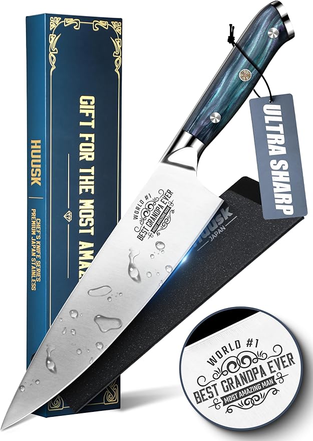 Huusk Birthday Gifts for Grandpa, Chef Knife for Kitchen, 8" Stainless Kitchen Knife with Resin Handle, Grandpa Birthday Gift, Full Tang Cooking knife, Best Grandpa Gifts with Gift Box