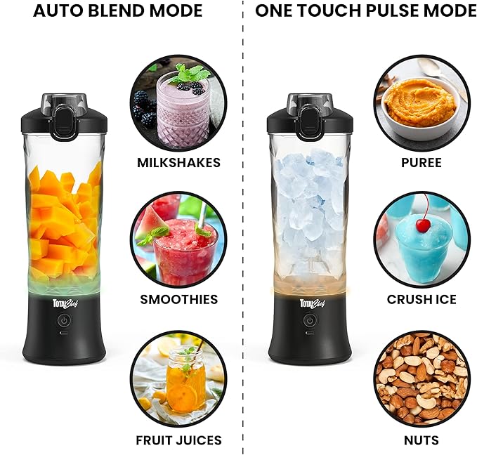 Total Chef Portable Blender - USB Rechargeable Personal Smoothie Mixer, Protein Shake Maker, Cordless Travel Mini Licuadora, Blend Frozen Fruit, Drink Milkshake On The Go,Ice Crusher 20 OZ, Black