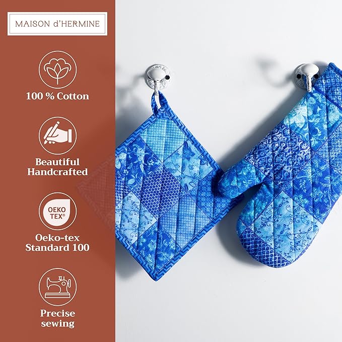 Maison d' Hermine 100% Cotton Oven Mitt & Pot Holder Set (7.5"x13" & 8"x8") Heat Resistant BBQ Cooking Gloves with Loop, Baking, Grilling, Kitchen, Handling Hot Pans Spring/Summer (Indigo Love)