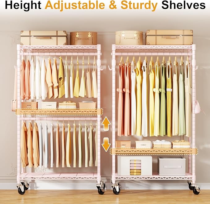 P1 Rolling Closets with Wheels and Shelves, Portable Closet Wardrobe for Clothes Hanging, Pink Clothing Storage and Organizer System for Bedroom, 35.5" W x 15.7" D x 80.5" H, Hold 500lbs