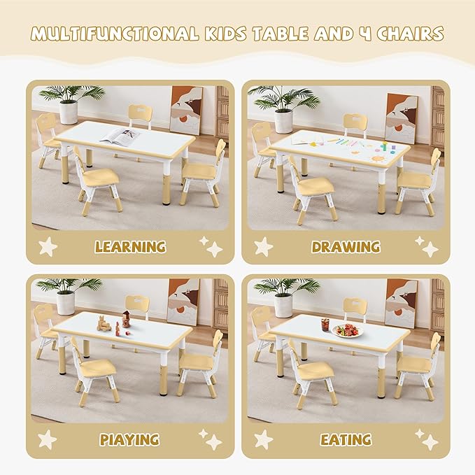 Adjustable Kids Table Chairs Set – Graffiti Desktop, Multi-Activity Height-Adjustable Toddler Study Desk for Ages 3-8 – Ideal for Home, Classroom, Daycare (B-Brown, 4 Chairs-47.2" L x 23.6" W)