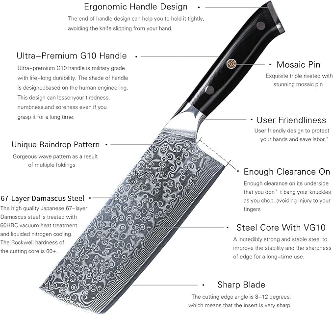Professional Nakiri Knife 7 Inch - Classic Damascus pattern Japanese VG-10 Steel Chef Knives