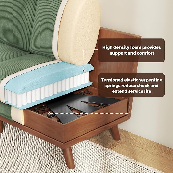 Vesgantti 97" Modular Sectional Sofa Green, L-Shaped Couch with Movable Ottoman, Comfy Corduroy Couch with Spring Cushion, Modular Sofa with Deep Seat for Living Room, Bedroom and Apartment