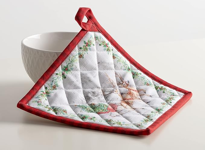 Maison d' Hermine 100% Cotton Oven Mitt & Pot Holder Set (7.5"x13" & 8"x8") Heat Resistant BBQ Cooking Gloves with Loop for Thanksgiving Christmas Decorations Handling Hot Pans (Christmas Tradition)