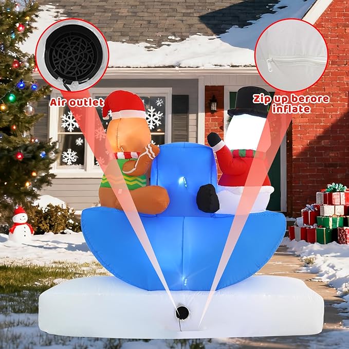 6FT Seesaw Snowman and Pancake Man, Built-in LED Lights and Colorful Rotating Lights, Suitable for Christmas Lawns, Gardens, Courtyards Outdoor Inflatable Decorations
