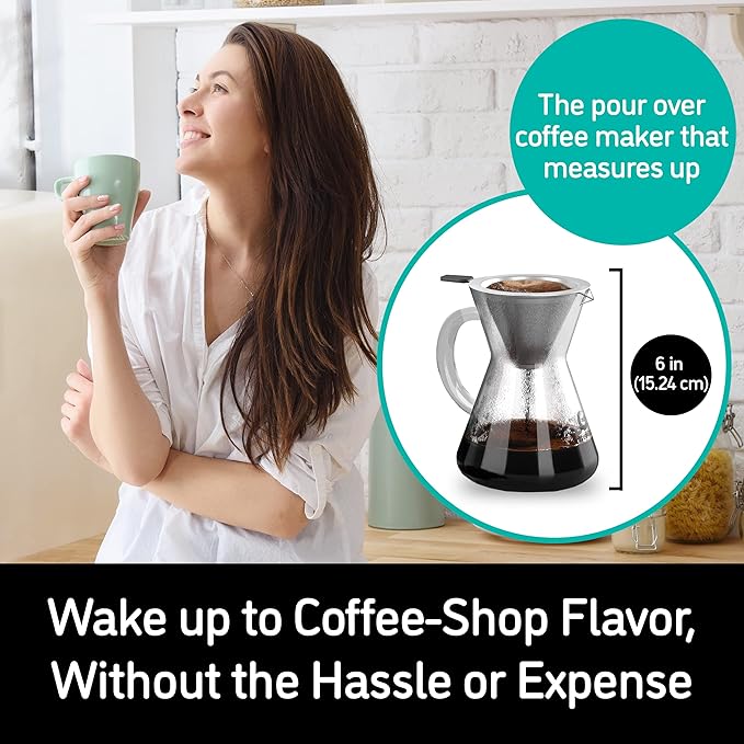 Coffee Gator Pour Over Coffee Maker - 14oz High Heat Borosilicate Glass with Reusable Stainless Steel Filter, Drip Coffee Brewer Pourover Dripper Set Carafe, 400ml Clear