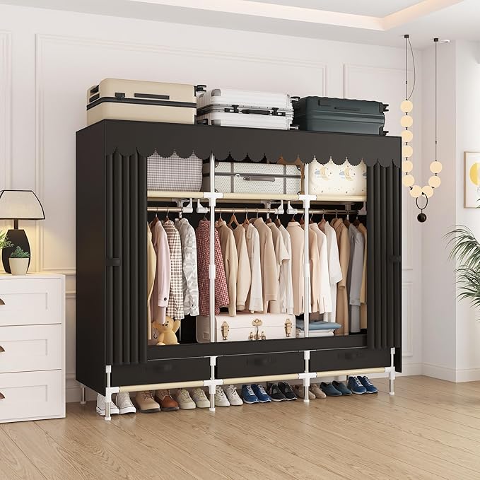 Portable Wardrobe Closet Durable and Easy to Assemble Heavy Duty Clothes Rack with Non-Woven Cover Fabric Best for Bedroom and Easy Storage and Organization (Brown-A)