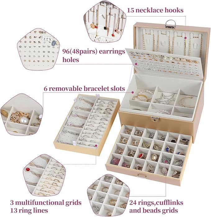 BOOVO Earring Jewelry Box For Women Girl Stud Organizer, 5 Layers Girl Jewelry Organizer Box With Lock Earring Holder Organizer Necklace Ring Jewelry Organizer Box For Girls (Champagne)