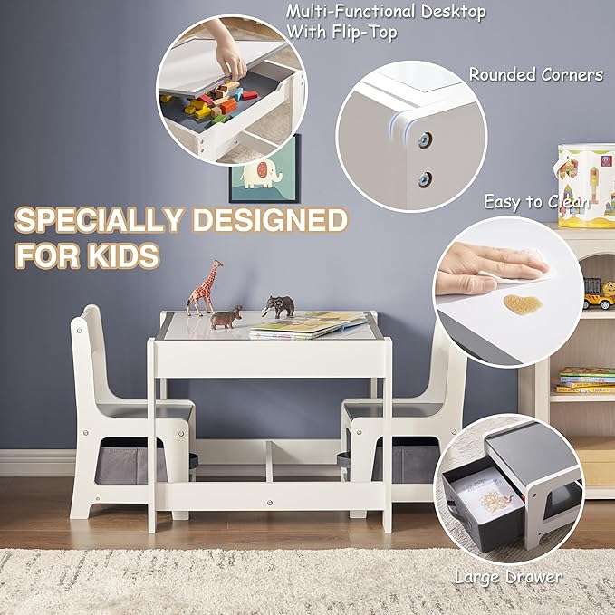 Kids Table and Chair Set, 3 in 1 Children Activity Table with Storage Drawer, 2 in 1 Tabletop Removable Blackboard for Crafts, Arts, Drawing, Reading, Toddler Table and Chair Set for Boys & Girls