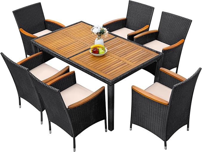 Greesum 7 Pieces Outdoor Patio Dining Set, Conversation Sets with 1 Table and 6 Rattan Chairs with Curved Acacia Wooden Armrests and Cushions, Black