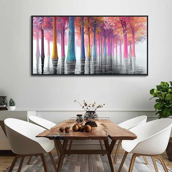 JEAWA Large Framed Wall Art - Grey Lake Landscape Wall Paintings Colorful Tree Canvas Printing Pictures Forest Modern Artwork for Bedroom Living Room Kitchen Home Office Decoration 29x58 IN