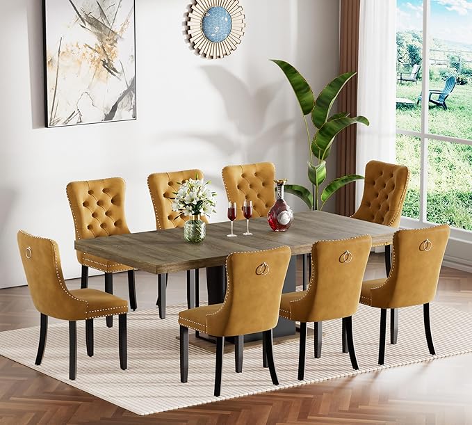 Goujxcy 78.7" Farmhouse Extendable Dining Room Table Set for 8, 9-Piece Rectangle Kitchen Dining Room Table Set with Wood Base and 8 Yellow Velvet Dining Chairs, Extending Kitchen & Dining Table Set