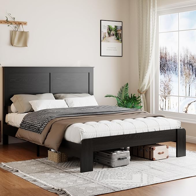 Wooden Bed Frame King Size with Headboard, Farmhouse Platform Bedframe with Wood Slat Support, Sturdy Framework Bed Frame, Easy Assembly (Rustic Black)