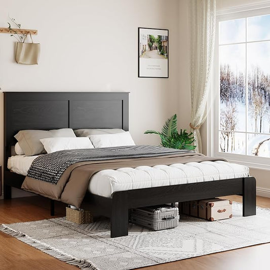 Wooden Bed Frame Full Size with Headboard, Farmhouse Platform Bedframe with Wood Slat Support, Sturdy Framework Bed Frame, Easy Assembly (Rustic Black)