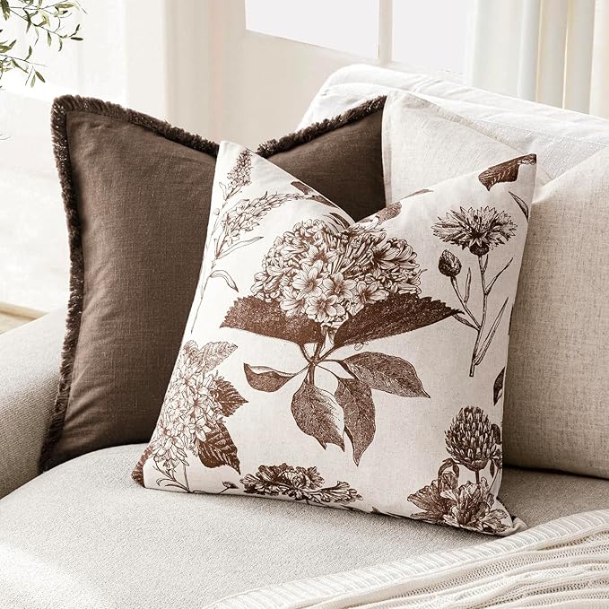 Foindtower Set of 2 Linen Floral Throw Pillow Covers Vintage Accent Print Decorative Cushion Covers Farmhouse Boho Home Decor for Sofa Chair Couch Bedroom Living Room Outdoor,22×22 Inch,Dark Brown