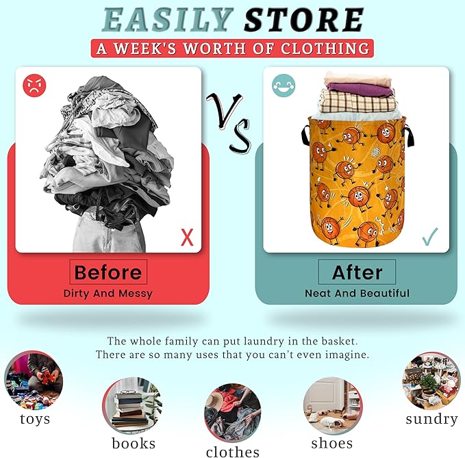 Funny Basketball Laundry Basket Foldable Oxford Cloth Basketball Laundry Hamper With Handle Portable Clothes Storage Basket 18.9 X 16.5 Inch Storage Bag For Laundry Room/Bathroom/Bedroom