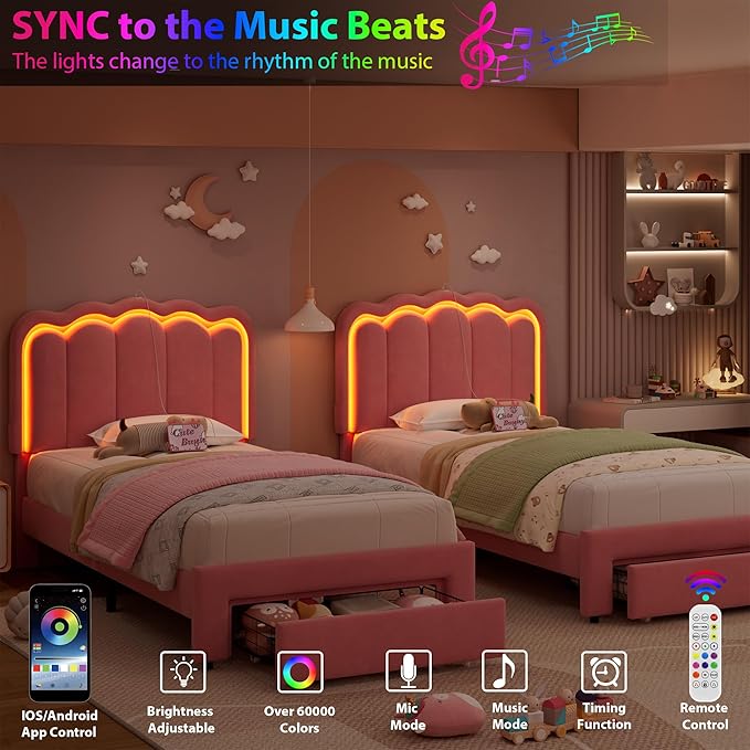 Twin Upholstered LED Bed Frame with Storage Drawer and Adjustable Chic Double Wavy Headboard, Velvet Princess Platform Bed for Girls/Kids, Solid Wood Slats Support, No Box Spring Needed, Pink