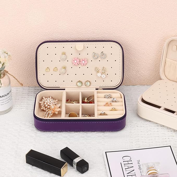 DesignSter Travel Jewelry Box, PU Leather Portable Jewelry Case, Small Jewelry Boxes for Gifts, Travel Jewelry Organizer for Women Rings Earrings Necklaces Bracelets (Dark Purple)