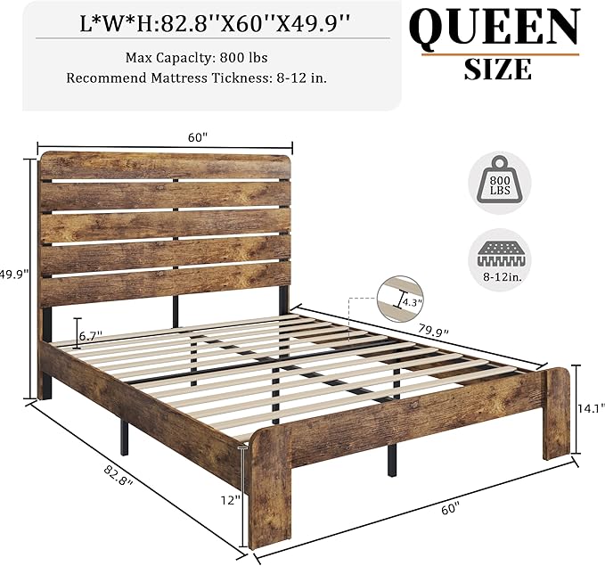 Queen Size Wooden Bed Frame with Headboard, Rustic Farmhouse Platform Bedframe with Wood Slat Support, Sturdy and No Noise, Easy Assembly (Brown, Queen)