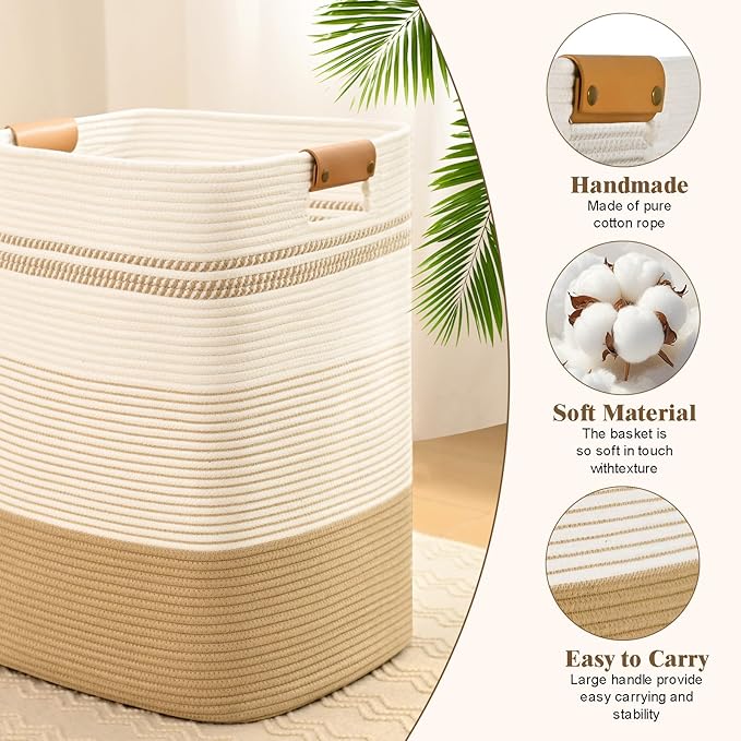 Laundry Hamper, 85L Tall Laundry Basket with Leather Handles, Rectangle Large Clothes Hamper for Organizing, Cotton Woven Laundry Baskets Storage Hampers for Bedroom, Nursery, Living Room