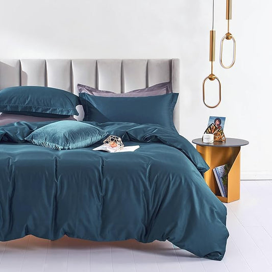 MILDLY 100% Long-Staple Cotton Duvet Cover Peacock Blue Morden Sateen Weave Luxury Comforter Cover Set King Size with Zipper Closure & Corner Tie (No Comforter)