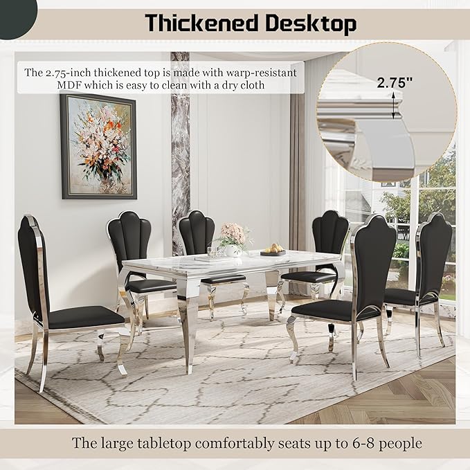Dining Table Set for 6, 7-Piece Kitchen Table Chairs Set, Modern Dining Room Set with 70'' Marble Dinner Table and 6 Petaloid Backrest Upholstered Chairs for Kitchen, Black & Silver