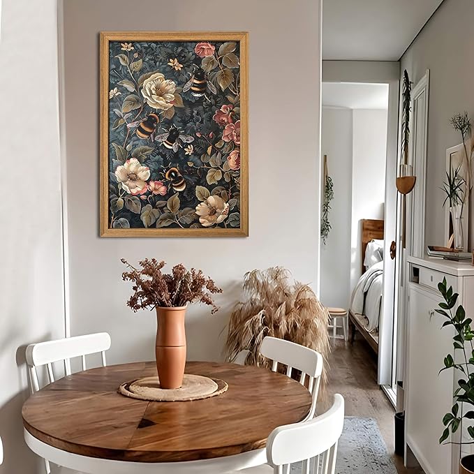 Framed 3D Textured Vintage Wall Art - Dark Academia Bumble Bee Hand Drawn Sandstone Paintings with Botanical Florals, Aesthetic Wall Decor for Living Room Bedroom Home 24x36 inch