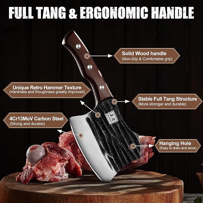 ENOKING Meat Cleaver, 5.7 Inch Bone Chopper Axe with Wood Handle, Heavy Duty Full Tang Chopping Knife for Kitchen, Camping, BBQ, Outdoor