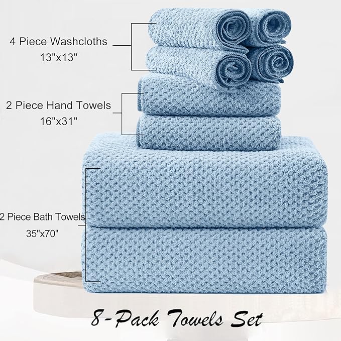 8 Piece Large Blue Family Bath Towel Set-2 Oversized Bath Towel Sheets,2 Hand Towels,4 Washcloths-600GSM Soft Highly Absorbent Quick Dry Beach Chair Towel Woven Towels for Bathroom Hotel and Spa