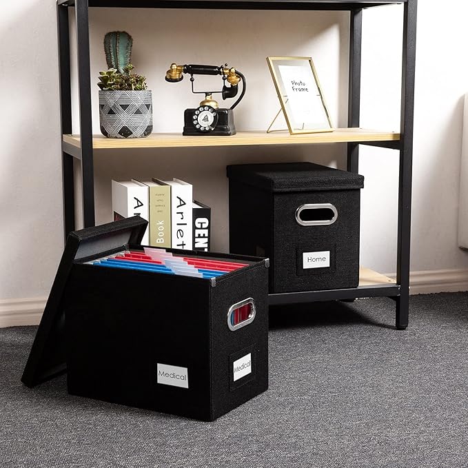 PRANDOM File Organizer Box - Set of 1 Collapsible Decorative Linen Filing Storage Hanging File Folders with Lids Office Cabinet Letter Size Black (14x9.3x10.8 inch)
