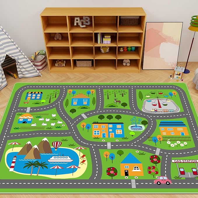 Kids Playmat Car Rug, Kids Play Rugs Town City Road Map Rug, Large Educational Car Mat, Boys Track Play Mat, Kid Rugs for Playroom Bedroom Living Room (Style 3, 59X 39.4 INCH)