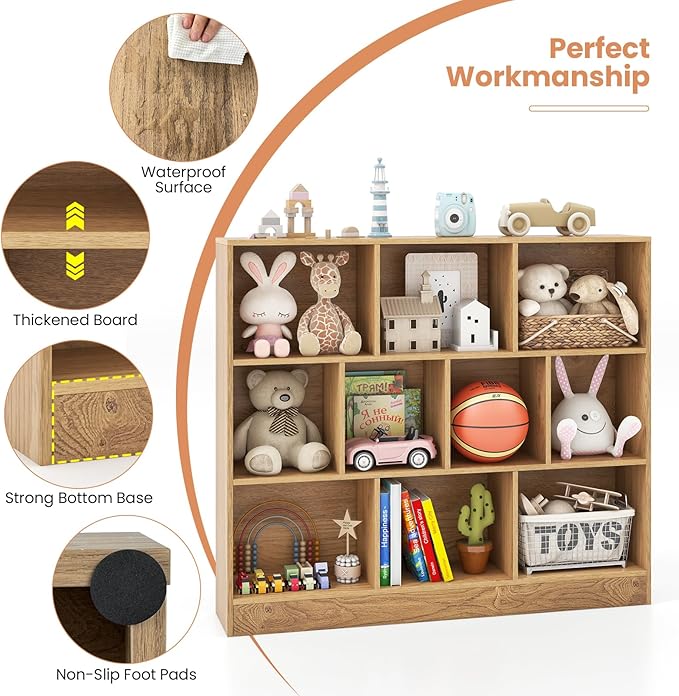 Costzon Wooden Toy Storage Organizer, 10-Cube Kids Bookshelf w/ 2 Anti-Toppling Kits, 3 Tier Open Shelves & Non-Slip Foot Pads, Book Shelf for Kids Rooms, Playroom, Classroom, Nursery (Natural)