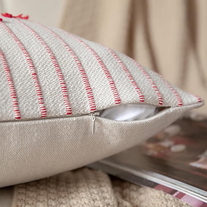 Caflife Boho Christmas Throw Pillow Covers 18x18 Set of 2, Holiday Christmas Decorative Pillow Covers Beige with Red Line for Modern Farmhouse Couch Sofa Bedroom Living Room Outdoor