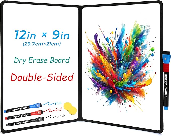 Double-Sided White Board 12x9 inch - Ultra-Thin 0.3" Portable Dry Erase Board with 3 Markers & Anti-Ghosting Surface | Magnetic-Ready | Foldable for Office, School, Travel, Homeschool (Black)