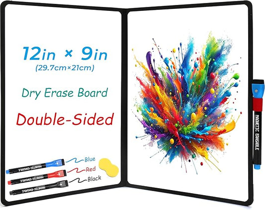 Double-Sided White Board 12x9 inch - Ultra-Thin 0.3" Portable Dry Erase Board with 3 Markers & Anti-Ghosting Surface | Magnetic-Ready | Foldable for Office, School, Travel, Homeschool (Black)
