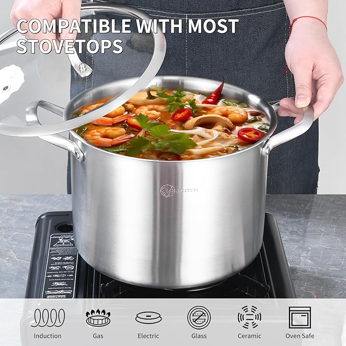 LOLYKITCH Tri-Ply Whole Clad 8 Quarts Stainless Steel Stock Pot with Lid,Induction Cooking Pot,Soup Pot,Heavy Duty,Oven and Diswasher safe.